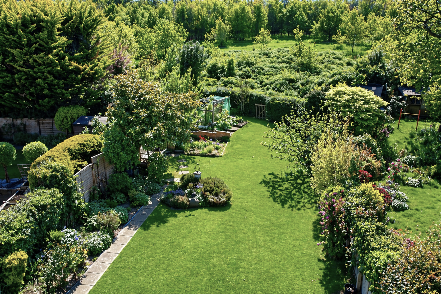 A lush backyard garden viewed from above: a long green lawn, flower beds, trees, and a left-side stone path worn through the yard.