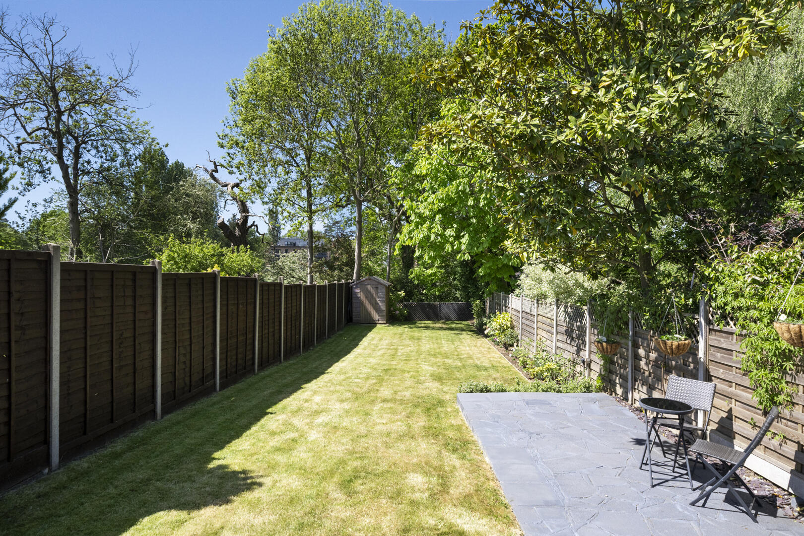 Backyard garden with a long green lawn, wooden fences on both sides, a shed at the far end, and a slate patio with chairs on the right.