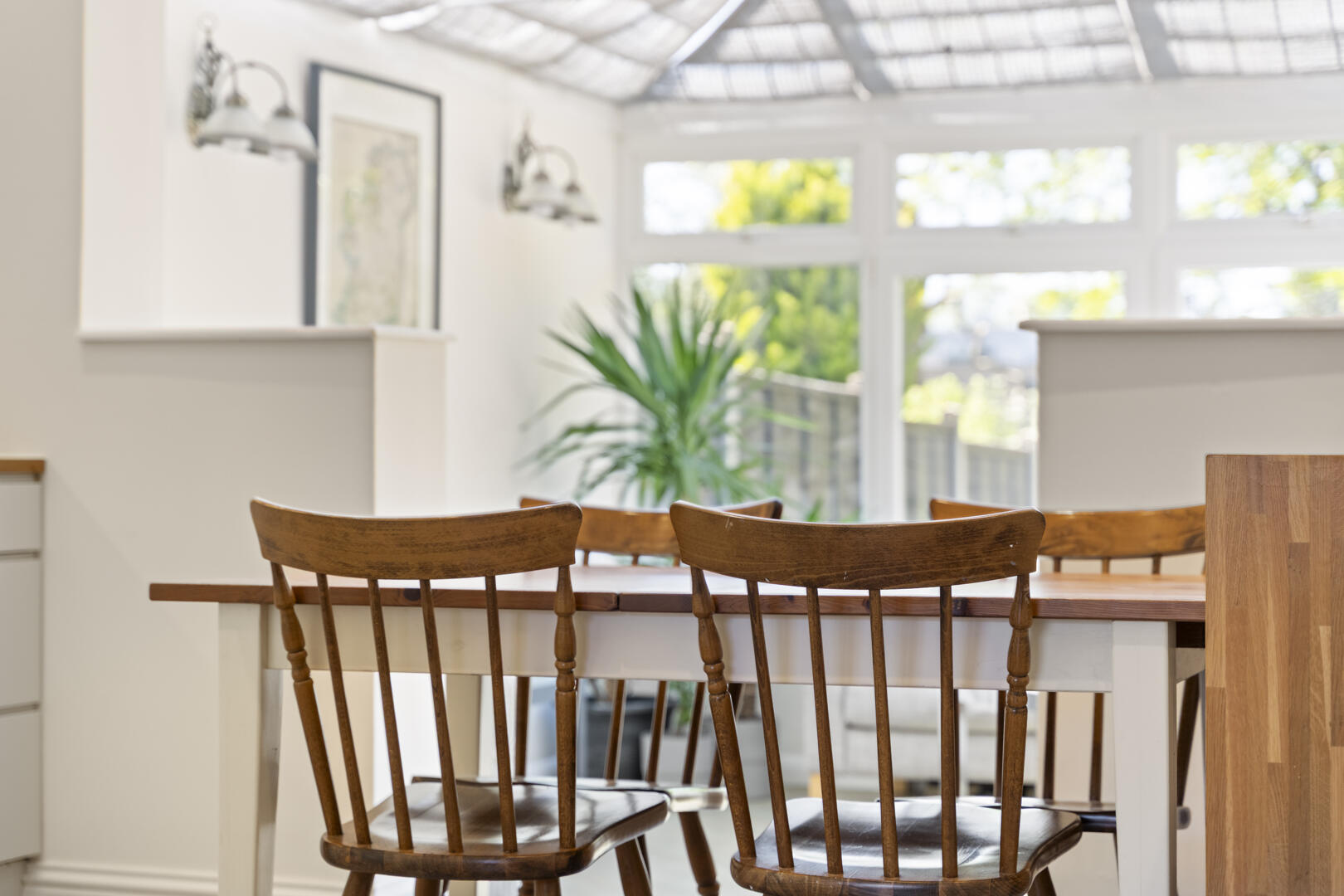 Wooden dining chairs around a light table in a bright, airy room with large windows and a potted plant in the background.